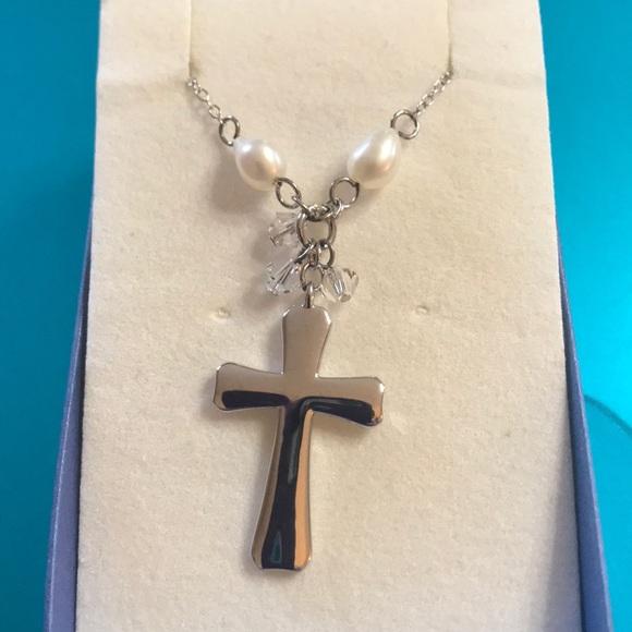 STERLING SILVER CROSS W/FRESHWATER PEARLS CRYSTAL - Picture 7 of 7
